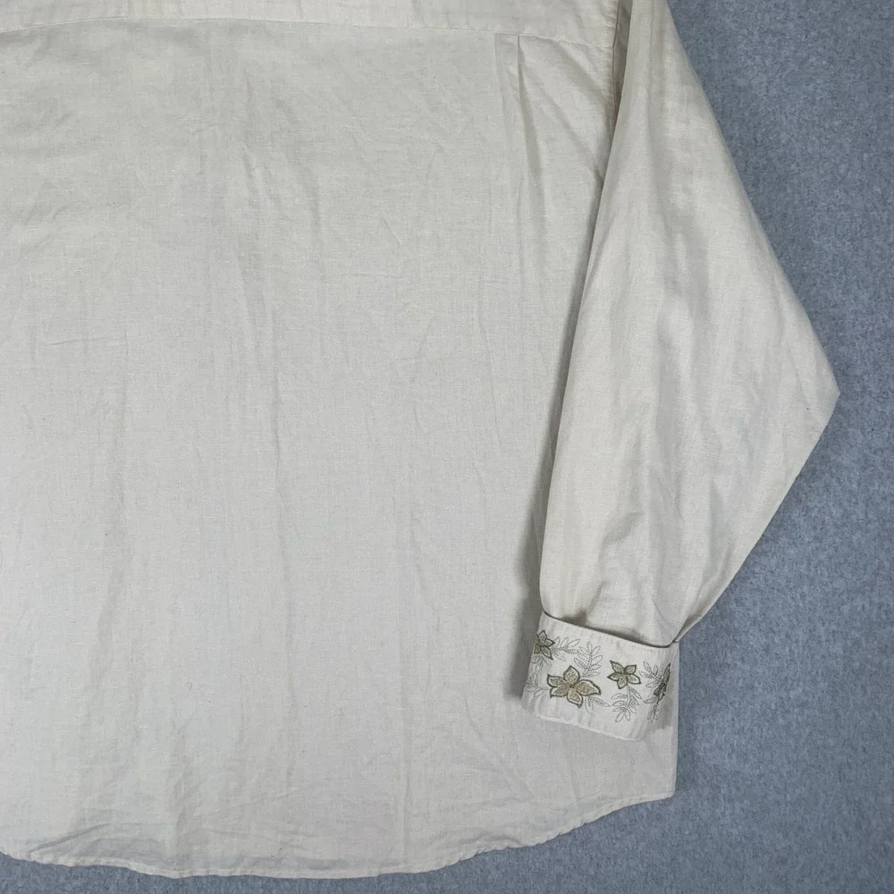 Bamboo Cay Button Down Shirt Mens XL Cream Linen Cotton Floral Embroidered
